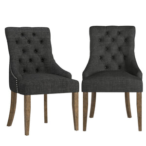 Button-tufted Linen Dining Chair with Rubberwood Legs and Nailhead Farmhouse Style