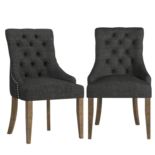 Button-tufted Linen Dining Chair with Rubberwood Legs and Nailhead Farmhouse Style