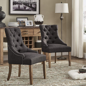 Button-tufted Linen Dining Chair with Rubberwood Legs and Nailhead Farmhouse Style