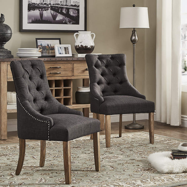 Button-tufted Linen Dining Chair with Rubberwood Legs and Nailhead Farmhouse Style