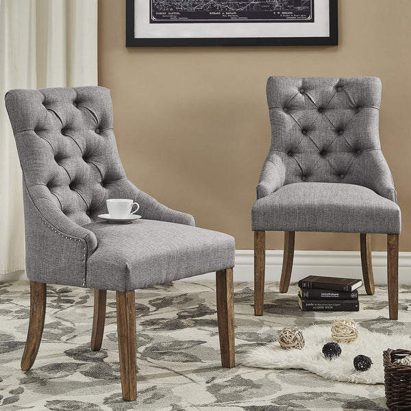 Button-tufted Linen Dining Chair with Rubberwood Legs and Nailhead Farmhouse Style