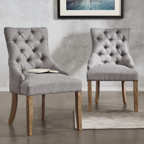 Button-tufted Linen Dining Chair with Rubberwood Legs and Nailhead Farmhouse Style