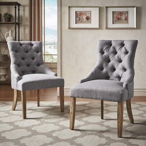 Button-tufted Linen Dining Chair with Rubberwood Legs and Nailhead Farmhouse Style