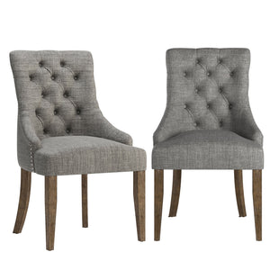 Button-tufted Linen Dining Chair with Rubberwood Legs and Nailhead Farmhouse Style