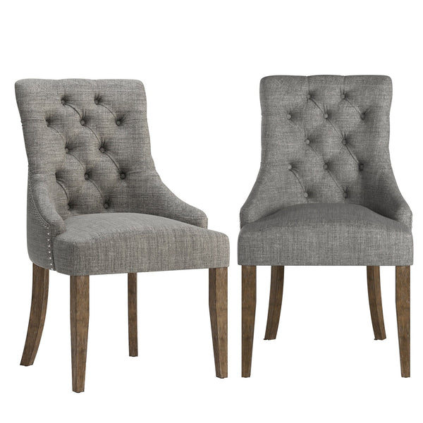 Button-tufted Linen Dining Chair with Rubberwood Legs and Nailhead Farmhouse Style