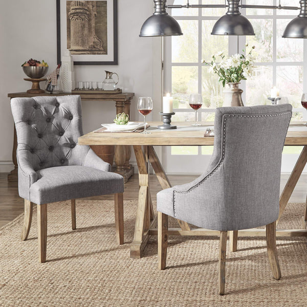 Button-tufted Linen Dining Chair with Rubberwood Legs and Nailhead Farmhouse Style