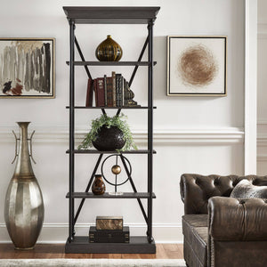 Deidrian 33 Inch Industrial Metal Frame Open Bookcase with Five Oak Veneer Shelves