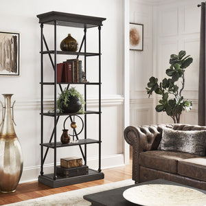Deidrian 33 Inch Industrial Metal Frame Open Bookcase with Five Oak Veneer Shelves