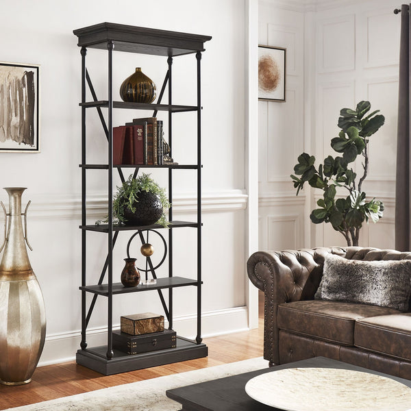Deidrian 33 Inch Industrial Metal Frame Open Bookcase with Five Oak Veneer Shelves