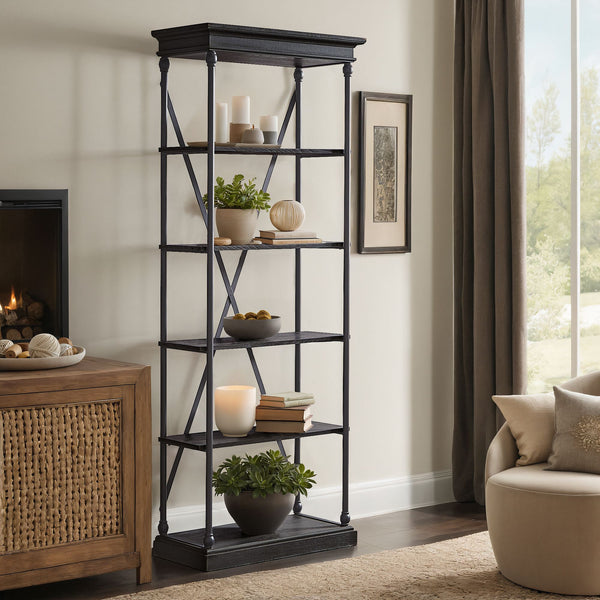 Deidrian 33 Inch Industrial Metal Frame Open Bookcase with Five Oak Veneer Shelves