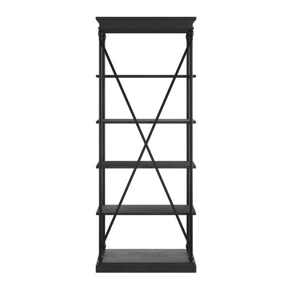 Deidrian 33 Inch Industrial Metal Frame Open Bookcase with Five Oak Veneer Shelves