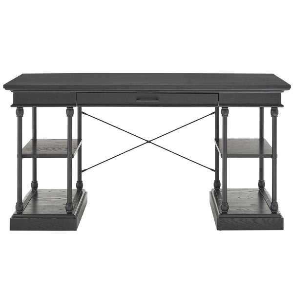 Deidrian Oak Veneer Writing Desk with Metal Frame Shelves and Keyboard Drawer