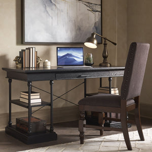 Deidrian Oak Veneer Writing Desk with Metal Frame Shelves and Keyboard Drawer