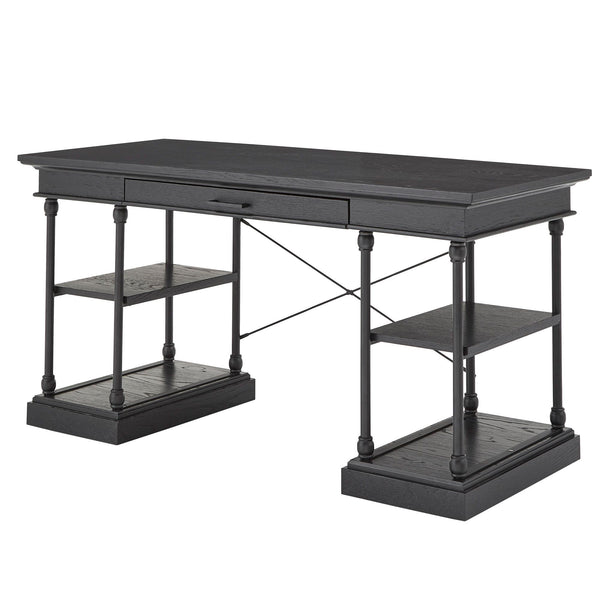 Deidrian Oak Veneer Writing Desk with Metal Frame Shelves and Keyboard Drawer