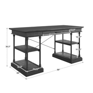 Deidrian Oak Veneer Writing Desk with Metal Frame Shelves and Keyboard Drawer