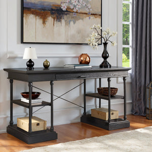 Deidrian Oak Veneer Writing Desk with Metal Frame Shelves and Keyboard Drawer