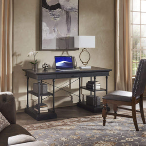 Deidrian Oak Veneer Writing Desk with Metal Frame Shelves and Keyboard Drawer