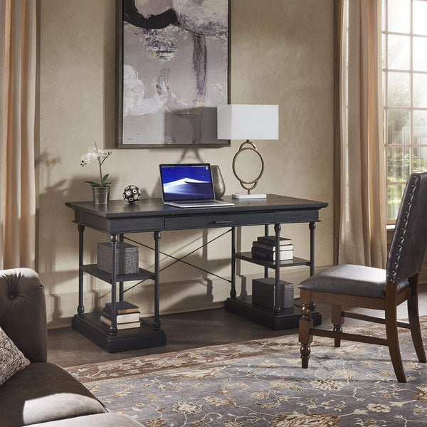Deidrian Oak Veneer Writing Desk with Metal Frame Shelves and Keyboard Drawer