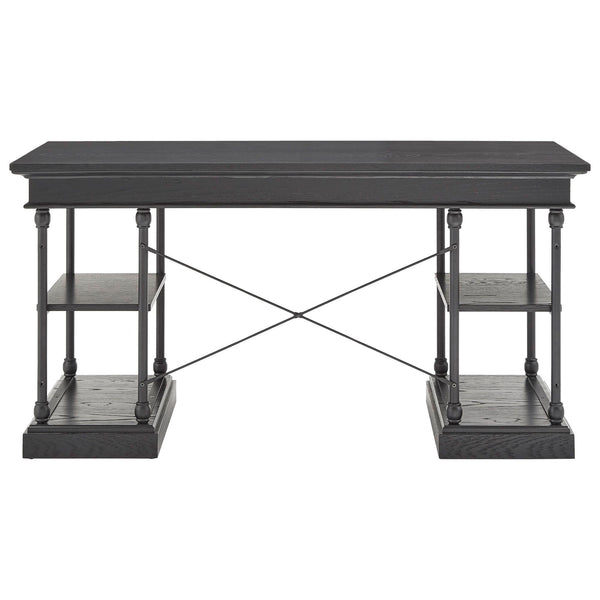 Deidrian Oak Veneer Writing Desk with Metal Frame Shelves and Keyboard Drawer