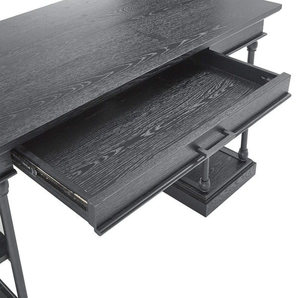 Deidrian Oak Veneer Writing Desk with Metal Frame Shelves and Keyboard Drawer
