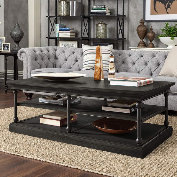 Deidrian Rectangular Coffee Table with Open Shelf and Matte Metal Frame for Living Room