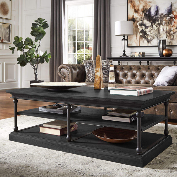 Deidrian Rectangular Coffee Table with Open Shelf and Matte Metal Frame for Living Room