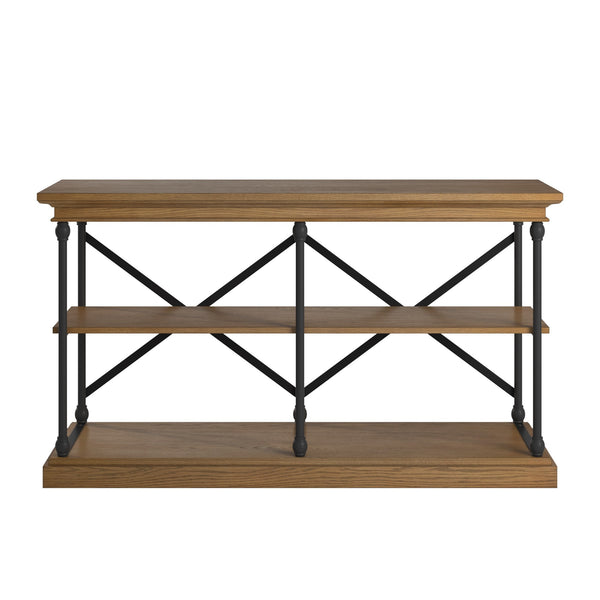 Deidrian Industrial Sofa Console Table with Open Shelves and Metal Frame for Living Room