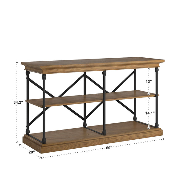 Deidrian Industrial Sofa Console Table with Open Shelves and Metal Frame for Living Room