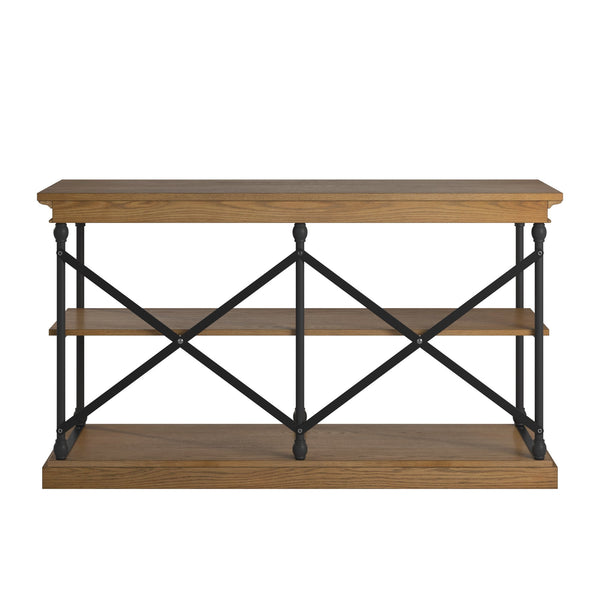 Deidrian Industrial Sofa Console Table with Open Shelves and Metal Frame for Living Room