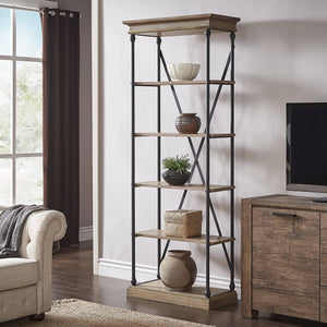 Deidrian 33 Inch Industrial Metal Frame Open Bookcase with Five Oak Veneer Shelves