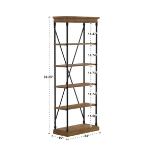 Deidrian 33 Inch Industrial Metal Frame Open Bookcase with Five Oak Veneer Shelves