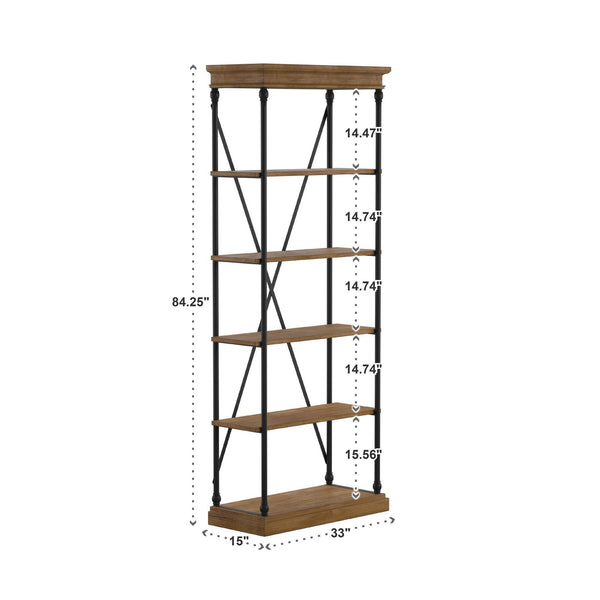 Deidrian 33 Inch Industrial Metal Frame Open Bookcase with Five Oak Veneer Shelves