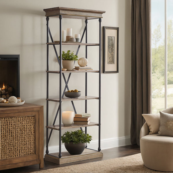 Deidrian 33 Inch Industrial Metal Frame Open Bookcase with Five Oak Veneer Shelves