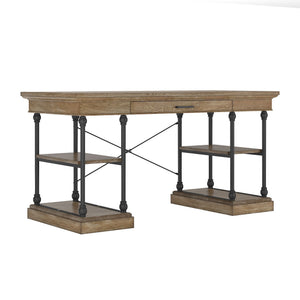 Deidrian Oak Veneer Writing Desk with Metal Frame Shelves and Keyboard Drawer