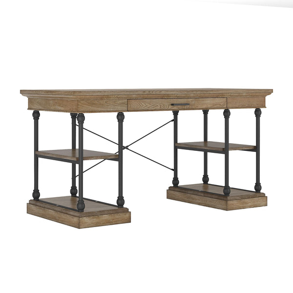 Deidrian Oak Veneer Writing Desk with Metal Frame Shelves and Keyboard Drawer