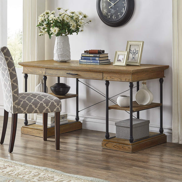 Deidrian Oak Veneer Writing Desk with Metal Frame Shelves and Keyboard Drawer
