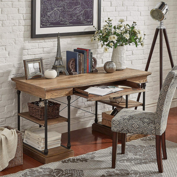 Deidrian Oak Veneer Writing Desk with Metal Frame Shelves and Keyboard Drawer