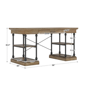 Deidrian Oak Veneer Writing Desk with Metal Frame Shelves and Keyboard Drawer