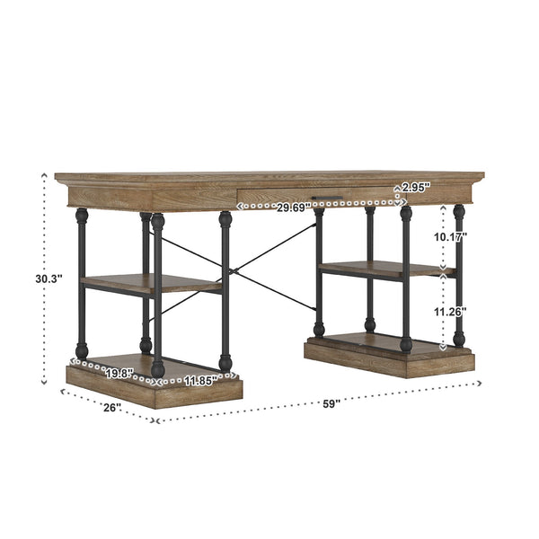 Deidrian Oak Veneer Writing Desk with Metal Frame Shelves and Keyboard Drawer