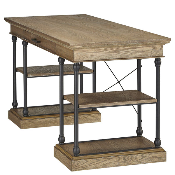 Deidrian Oak Veneer Writing Desk with Metal Frame Shelves and Keyboard Drawer