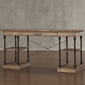Deidrian Oak Veneer Writing Desk with Metal Frame Shelves and Keyboard Drawer