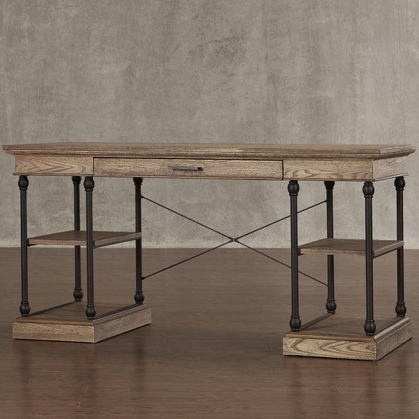 Deidrian Oak Veneer Writing Desk with Metal Frame Shelves and Keyboard Drawer