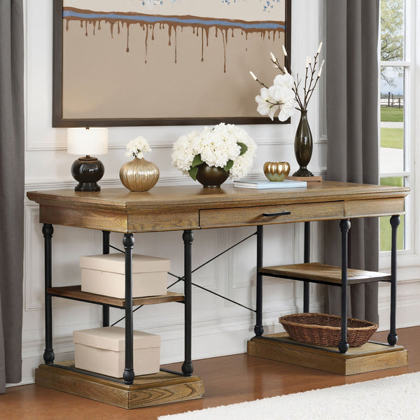Deidrian Oak Veneer Writing Desk with Metal Frame Shelves and Keyboard Drawer