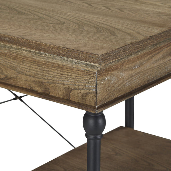 Deidrian Oak Veneer Writing Desk with Metal Frame Shelves and Keyboard Drawer