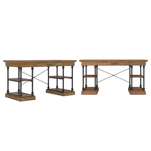Deidrian Oak Veneer Writing Desk with Metal Frame Shelves and Keyboard Drawer