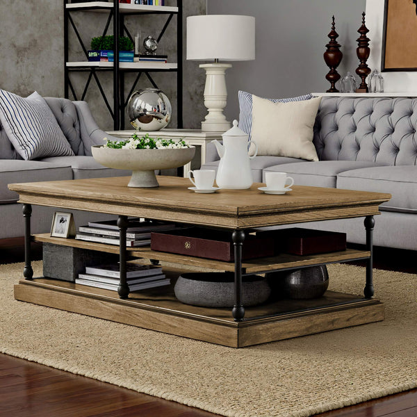 Deidrian Rectangular Coffee Table with Open Shelf and Matte Metal Frame for Living Room