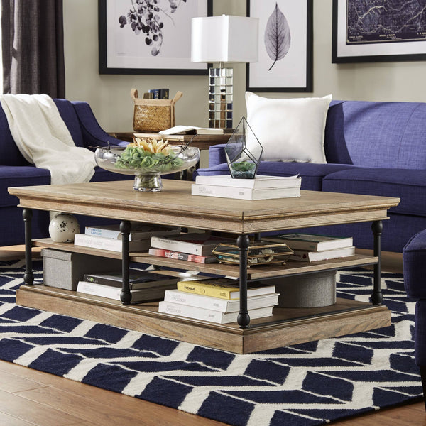 Deidrian Rectangular Coffee Table with Open Shelf and Matte Metal Frame for Living Room