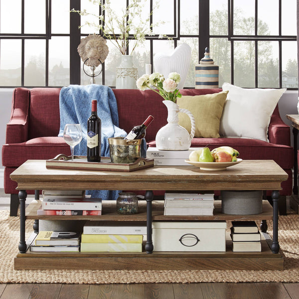 Deidrian Rectangular Coffee Table with Open Shelf and Matte Metal Frame for Living Room
