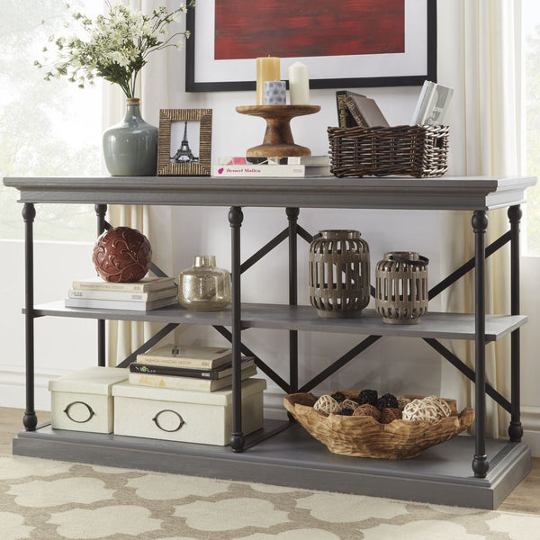 Deidrian Industrial Sofa Console Table with Open Shelves and Metal Frame for Living Room