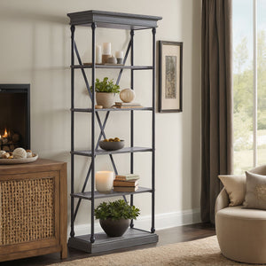 Deidrian 33 Inch Industrial Metal Frame Open Bookcase with Five Oak Veneer Shelves